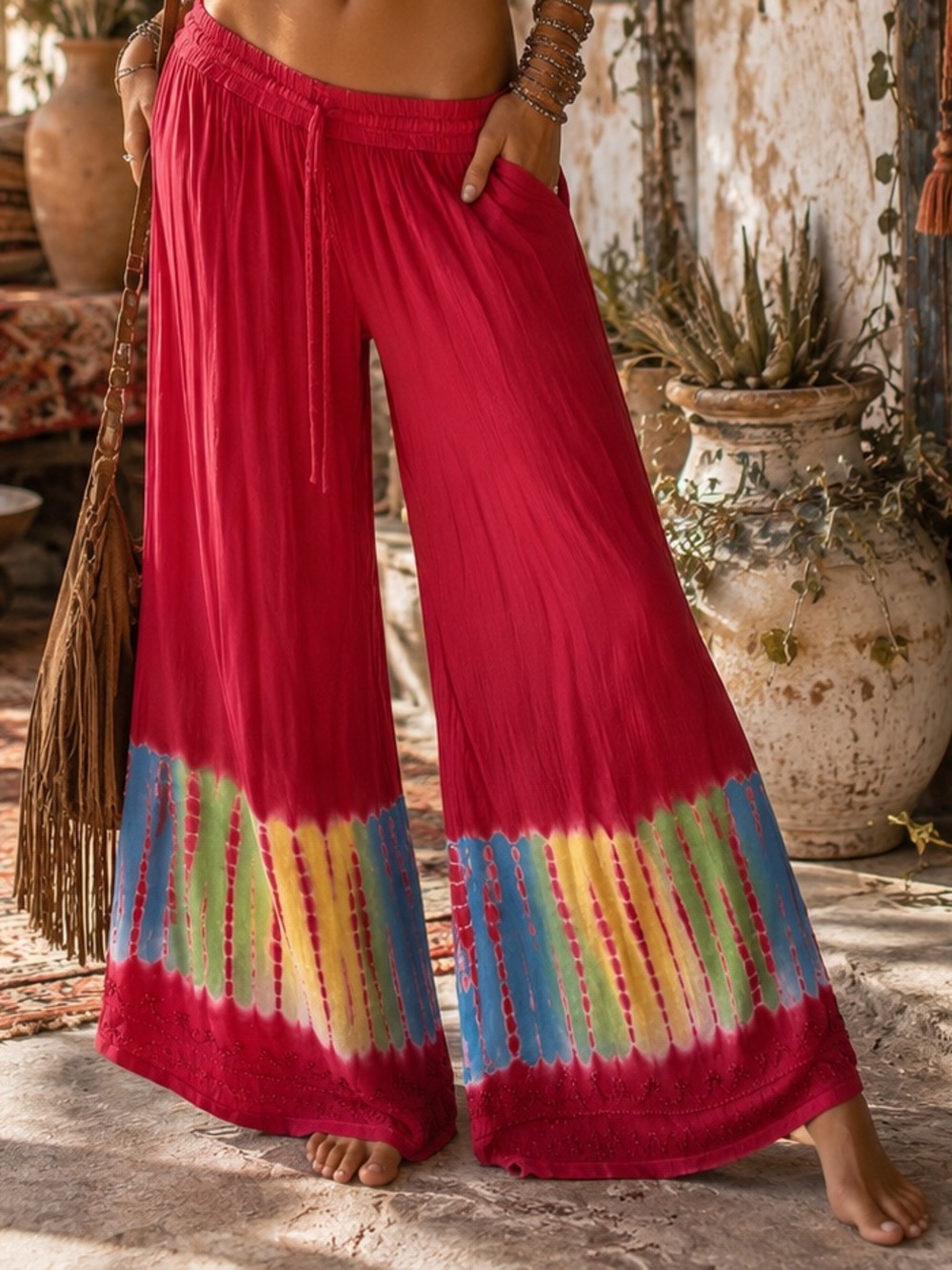 ✌️ Earthbound Trading Co Tie Dye Wide Leg Boho Pants Red Multicolor Size M